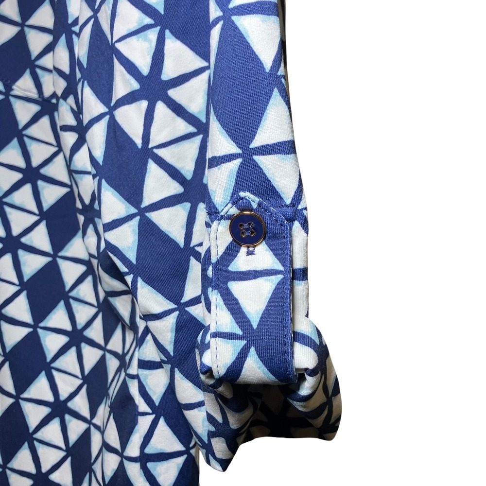 J.McLaughlin Shirt Dress Women S Navy White Geometric Triangle Roll Tab Sleeve - Picture 8 of 11